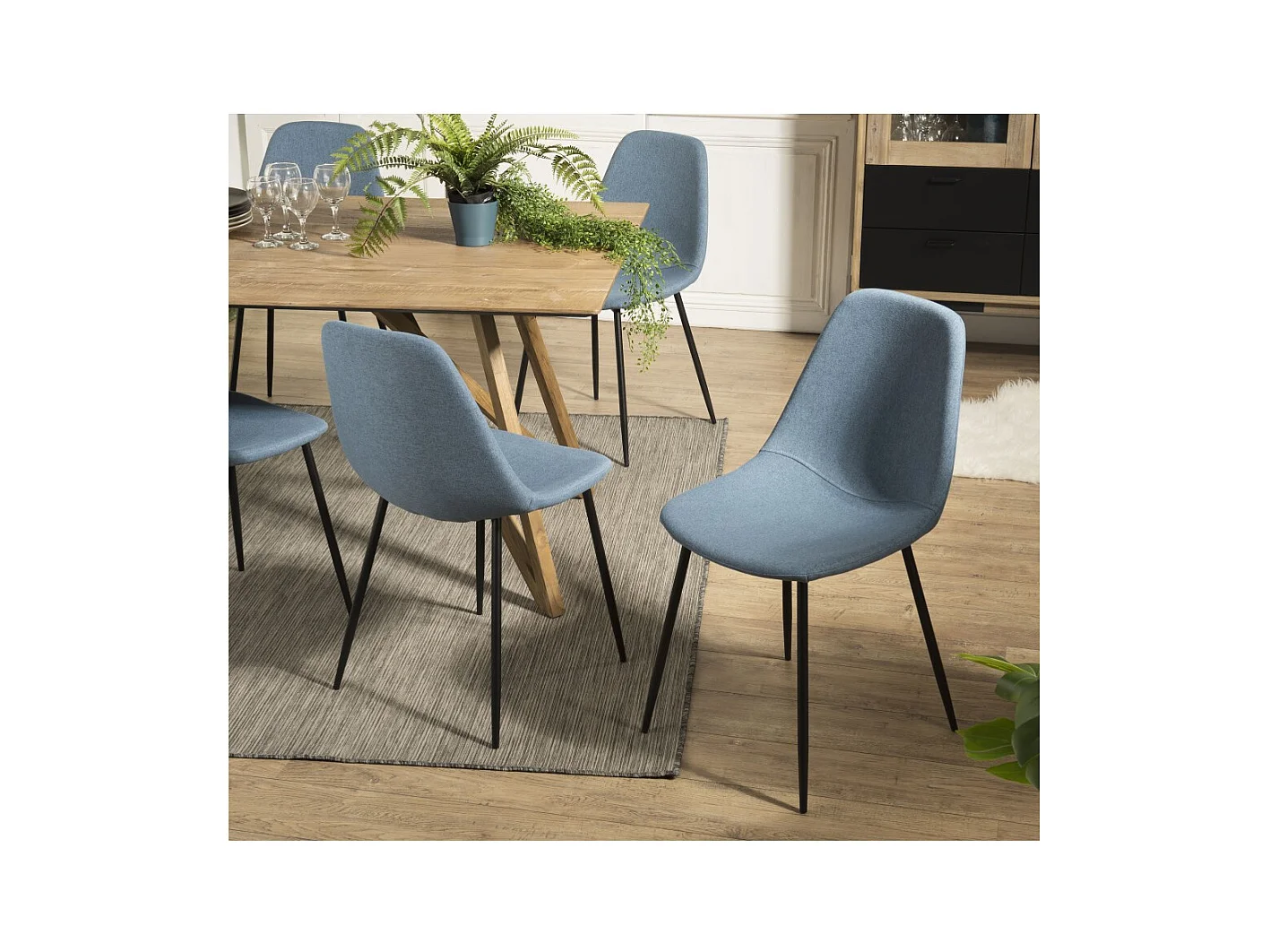TOM - Lot de 2 chaises tissu bleu pieds métal noirs