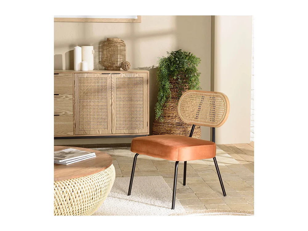 AGATHE - Fauteuil métal noir assise velours orange ambré dossier rotin