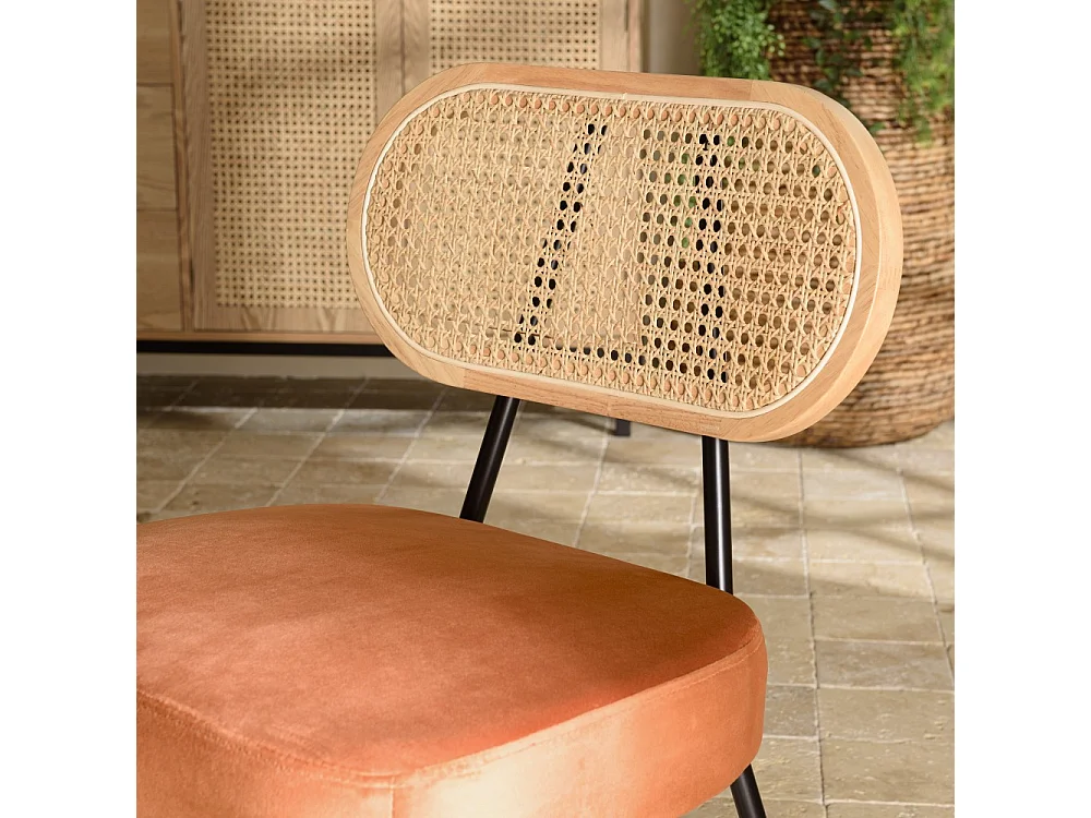 AGATHE - Fauteuil métal noir dossier rotin et assise velours orange