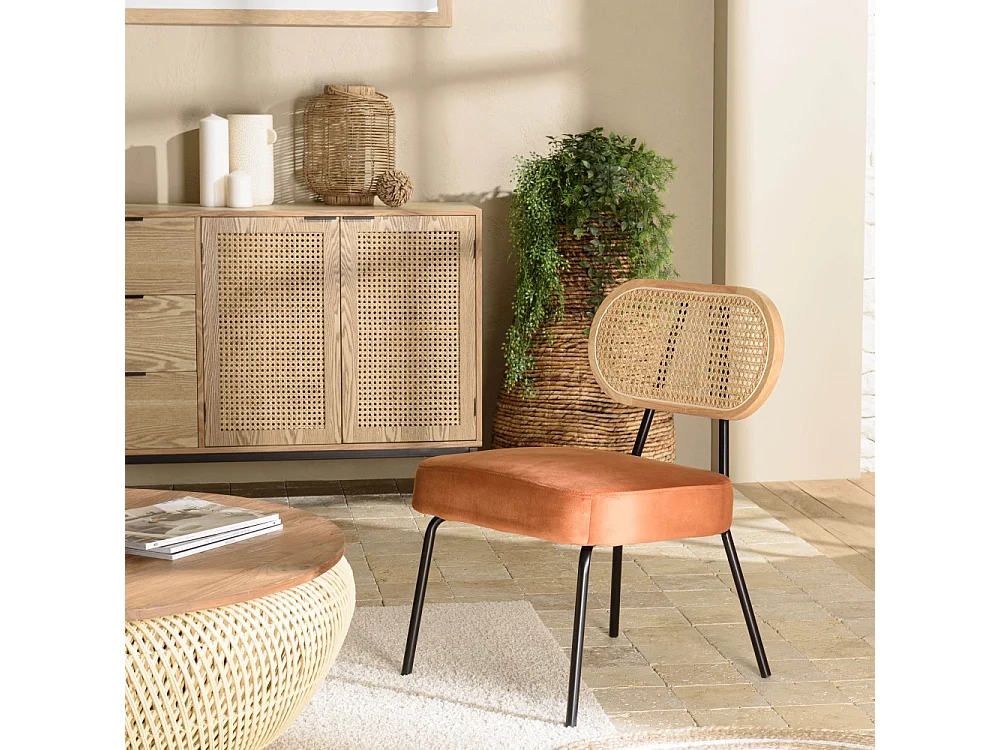 AGATHE - Fauteuil métal noir dossier rotin et assise velours orange