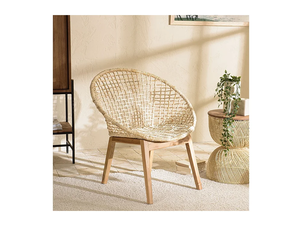 SIXTINE - Fauteuil beige dossier arrondi assise en abaca tressé
