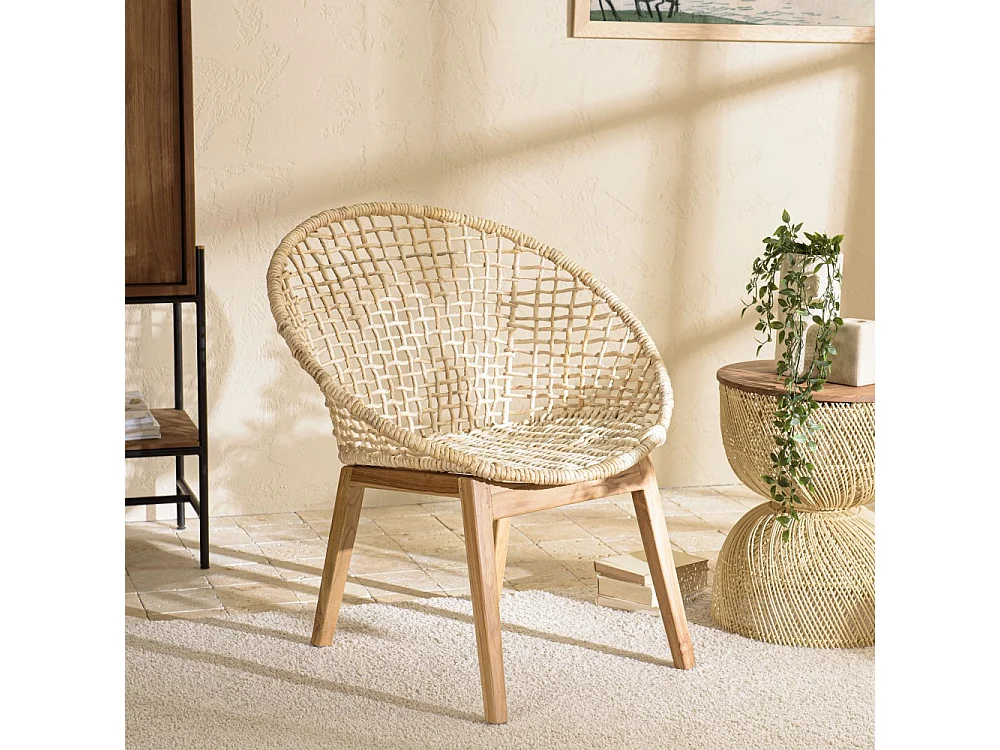 SIXTINE - Fauteuil beige dossier arrondi assise en rotin