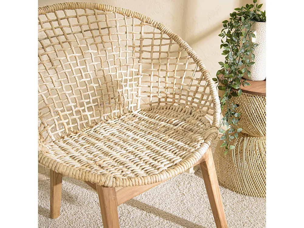 SIXTINE - Fauteuil beige dossier arrondi assise en rotin