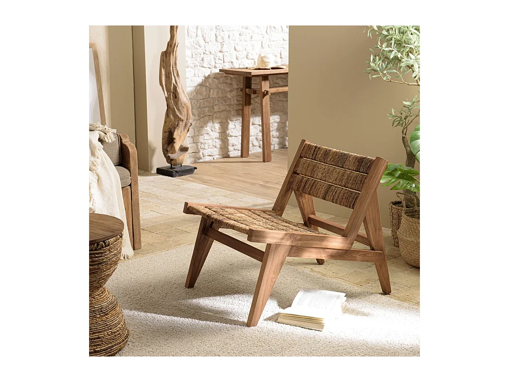 SIXTINE - Fauteuil lounge en bois de teck recyclé assise en tissage