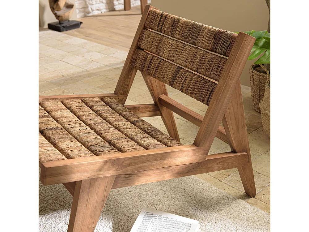 SIXTINE - Fauteuil lounge en bois de teck recyclé assise en tissage