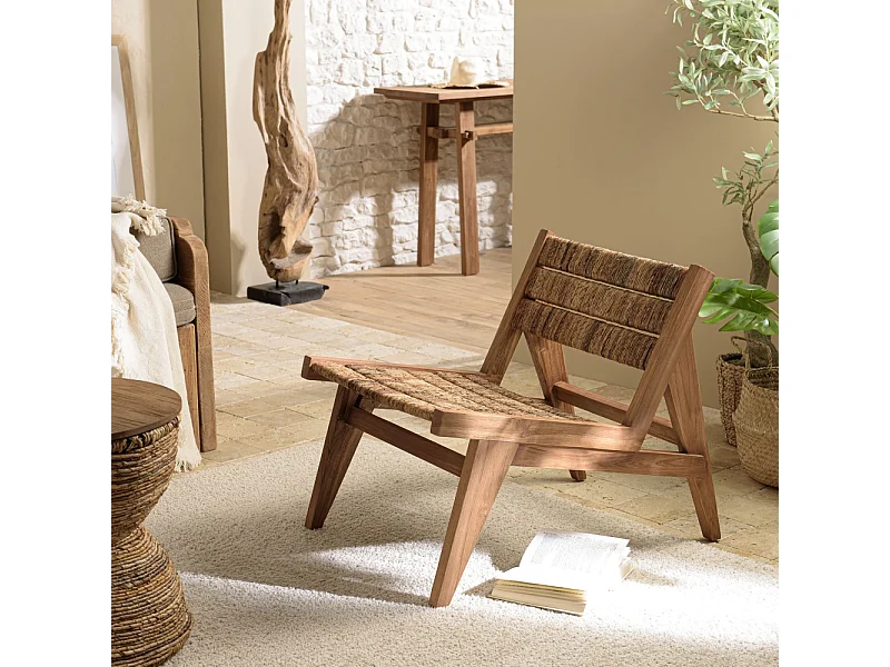 SIXTINE - Fauteuil lounge en bois de teck recyclé assise en tissage