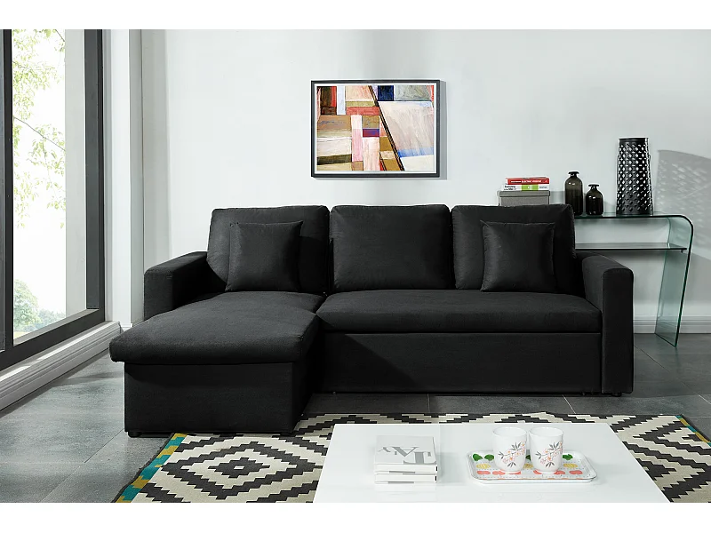 Canapé d'angle ASPEN tissu noir 3 places avec coffre de rangement