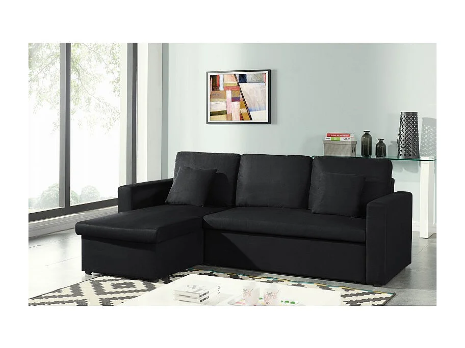 Canapé d'angle ASPEN tissu noir 3 places avec coffre de rangement