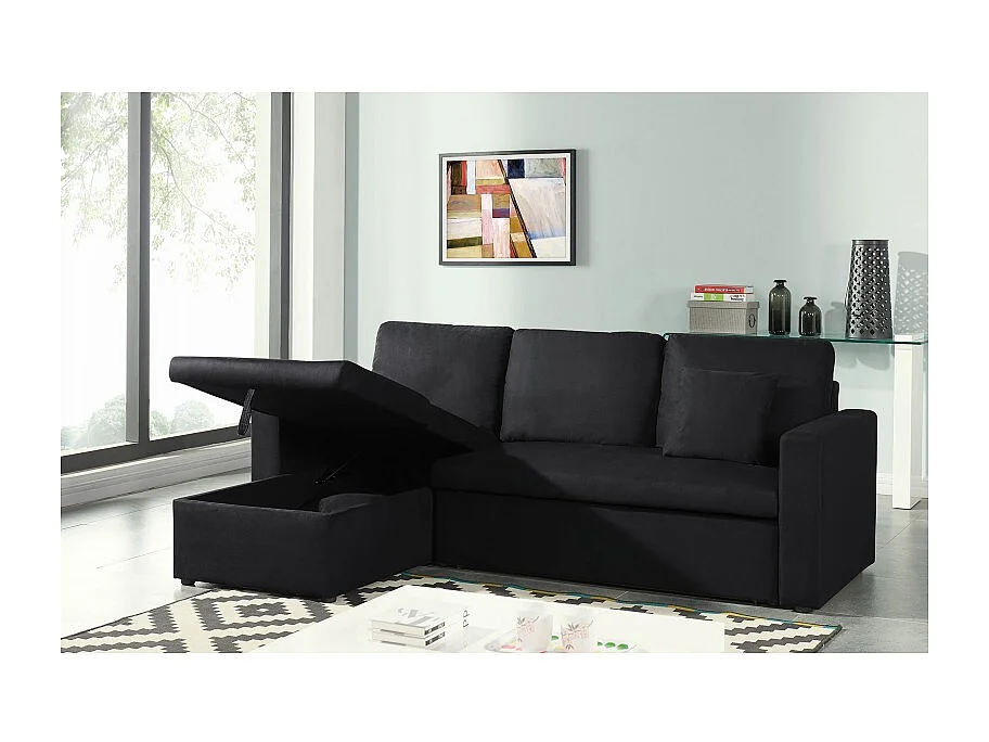 Canapé d'angle ASPEN tissu noir 3 places avec coffre de rangement
