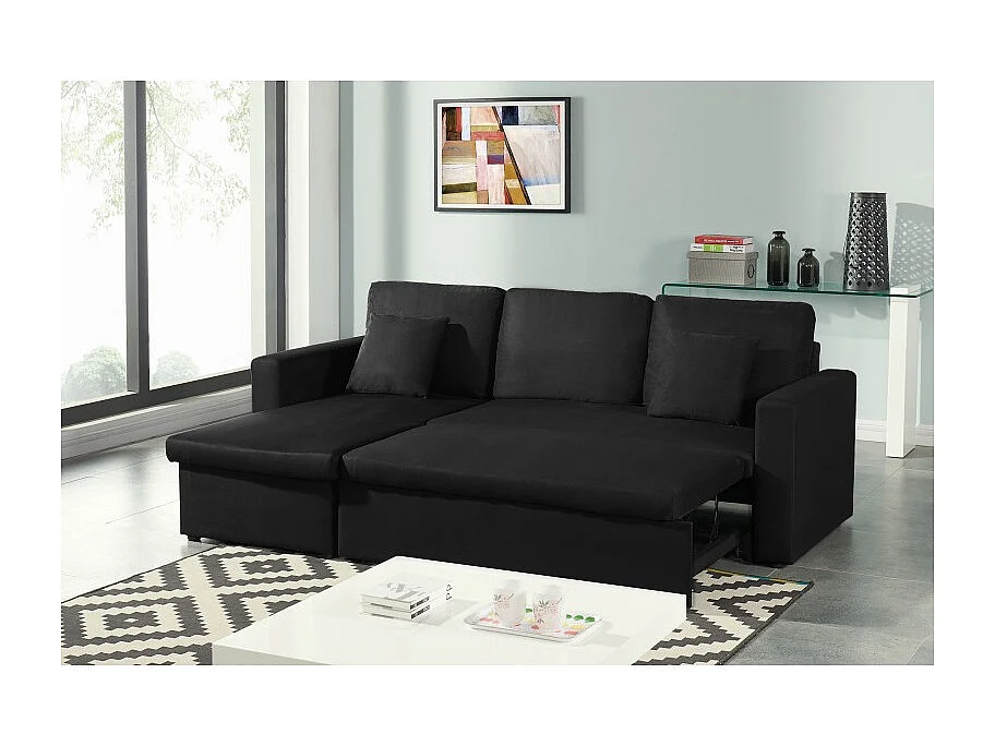 Canapé d'angle ASPEN tissu noir 3 places avec coffre de rangement