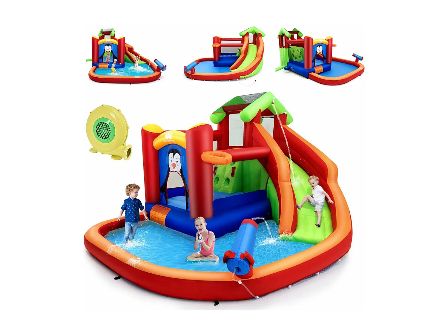 Château Gonflable avec Toboggans Aquatiques, Aire de Jeux Gonflable Piscine avec Motif de Pingouin