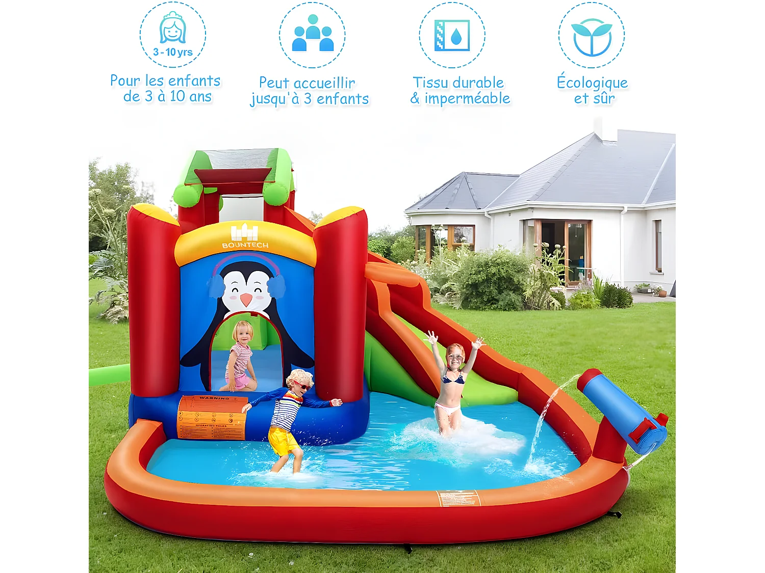 Château Gonflable avec Toboggans Aquatiques, Aire de Jeux Gonflable Piscine avec Motif de Pingouin