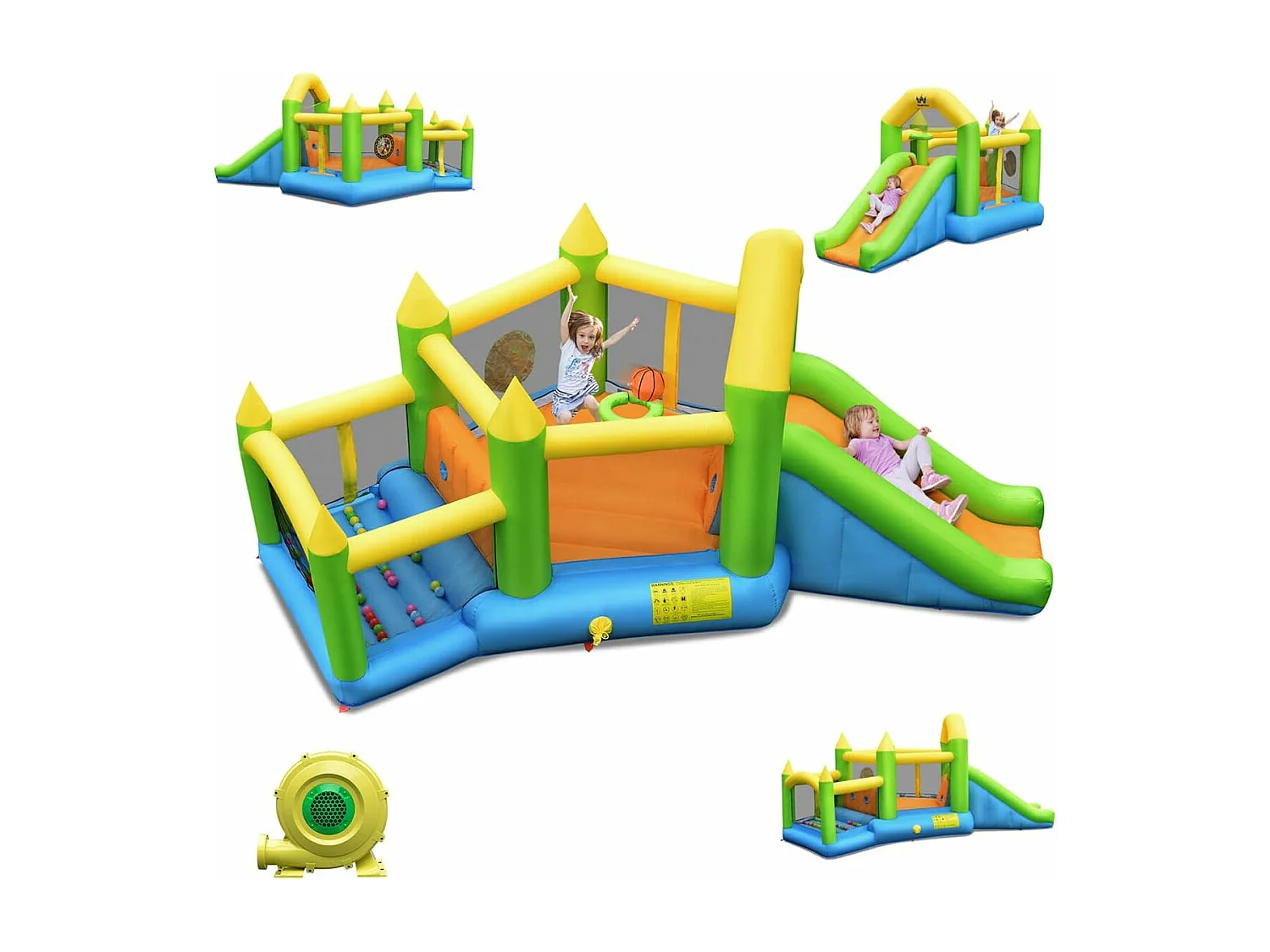 Château gonflable en forme de Pentagone avec toboggan, pour 3 enfants de 3-10 ans (avec souffleur 450W)