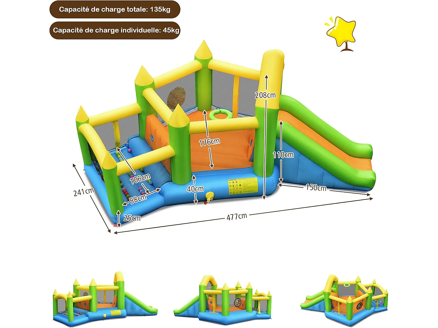Château gonflable en forme de Pentagone avec toboggan, pour 3 enfants de 3-10 ans (avec souffleur 450W)