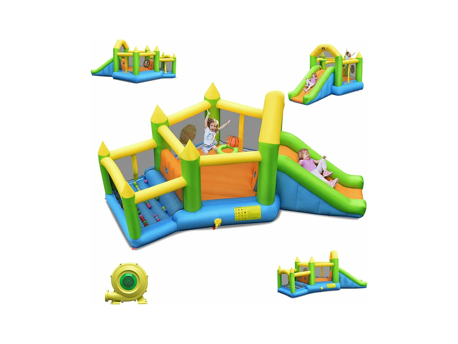 Château gonflable en forme de Pentagone avec toboggan, pour 3 enfants de 3-10 ans (avec souffleur 450W)