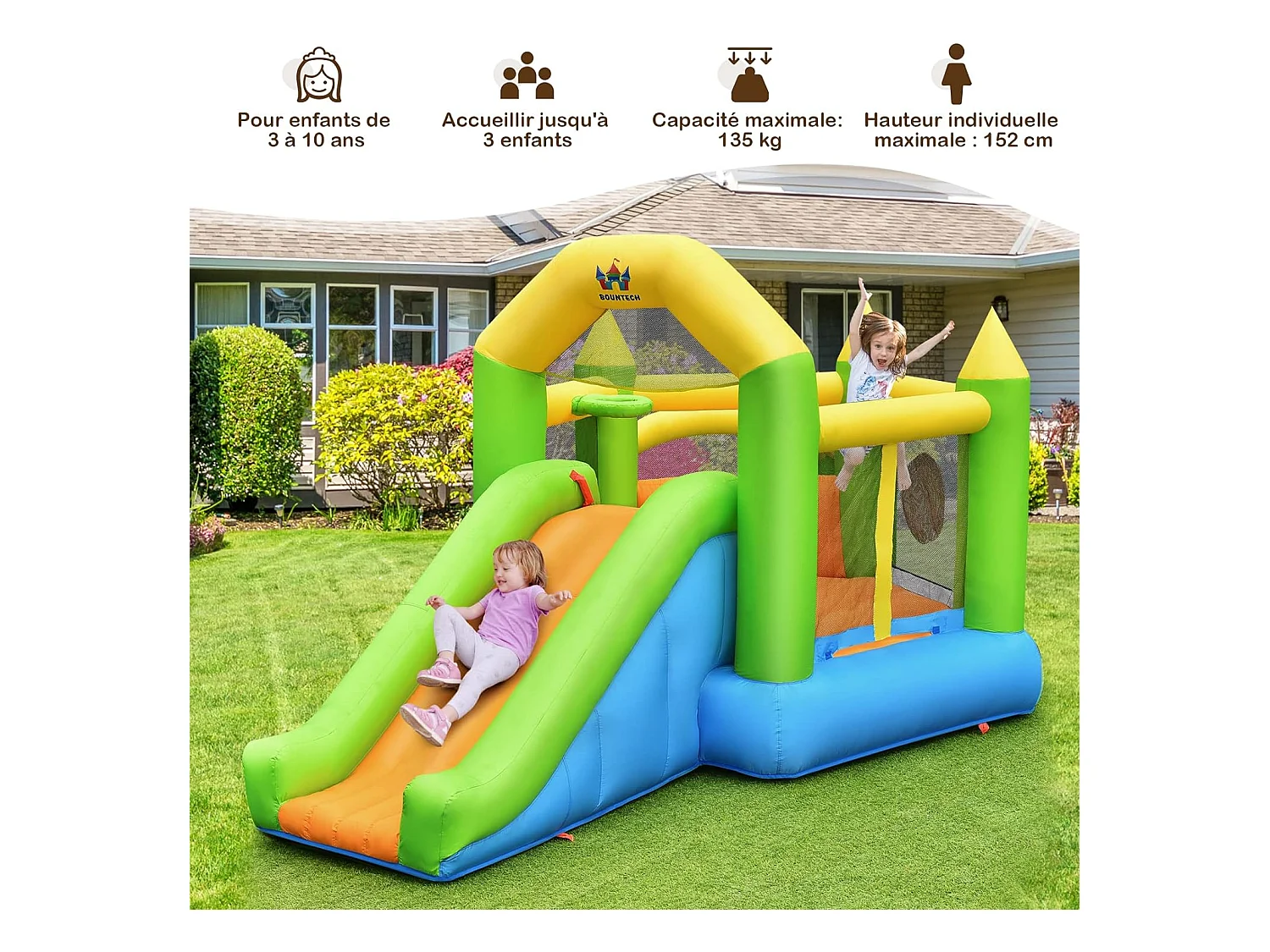 Château gonflable en forme de Pentagone avec toboggan, pour 3 enfants de 3-10 ans (avec souffleur 450W)