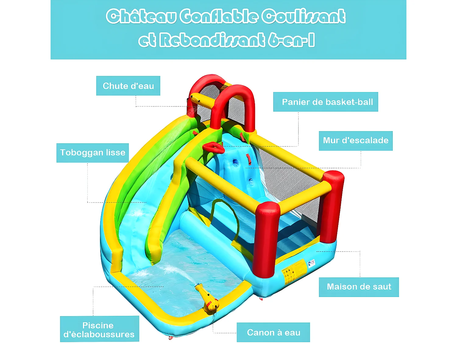 Château gonflable aquatique 6 en 1 avec toboggan Incurvé, pour 3 enfants de 3-10 ans(sans souffleur)