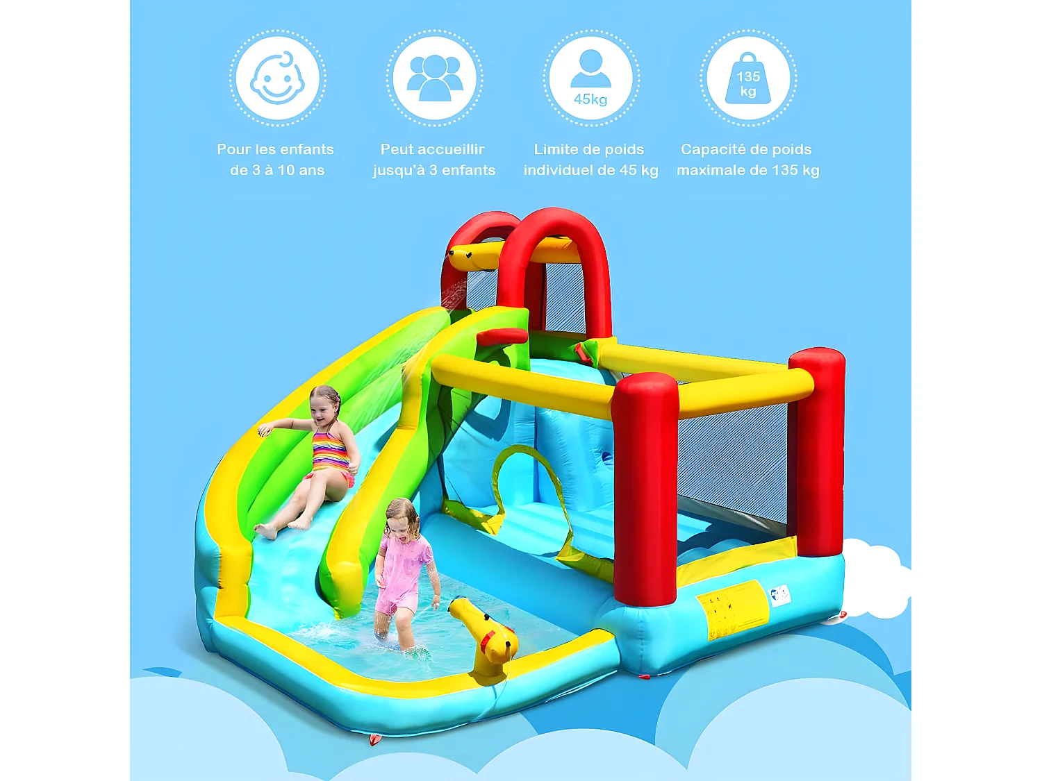 Château gonflable aquatique 6 en 1 avec toboggan Incurvé, pour 3 enfants de 3-10 ans(sans souffleur)