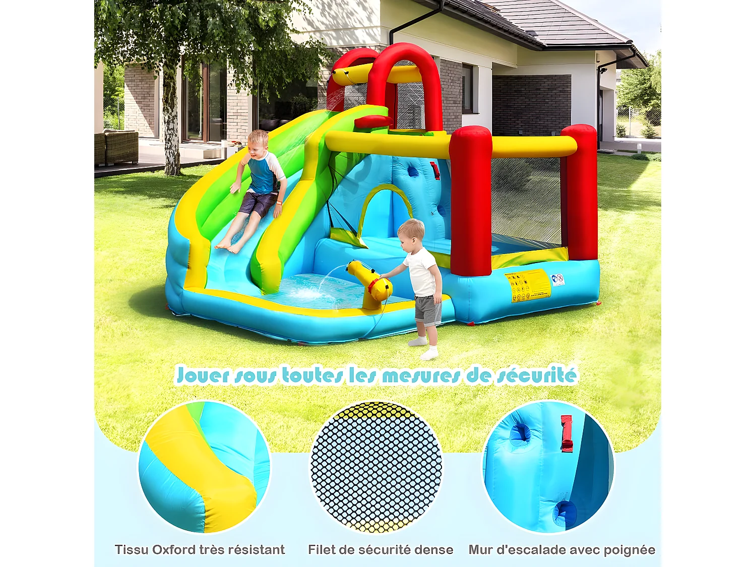 Château gonflable aquatique 6 en 1 avec toboggan Incurvé, pour 3 enfants de 3-10 ans(sans souffleur)
