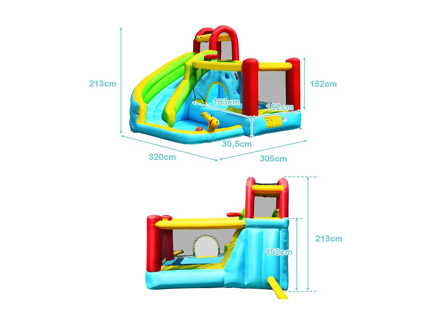 Château gonflable aquatique 6 en 1 avec toboggan Incurvé, pour 3 enfants de 3-10 ans(sans souffleur)