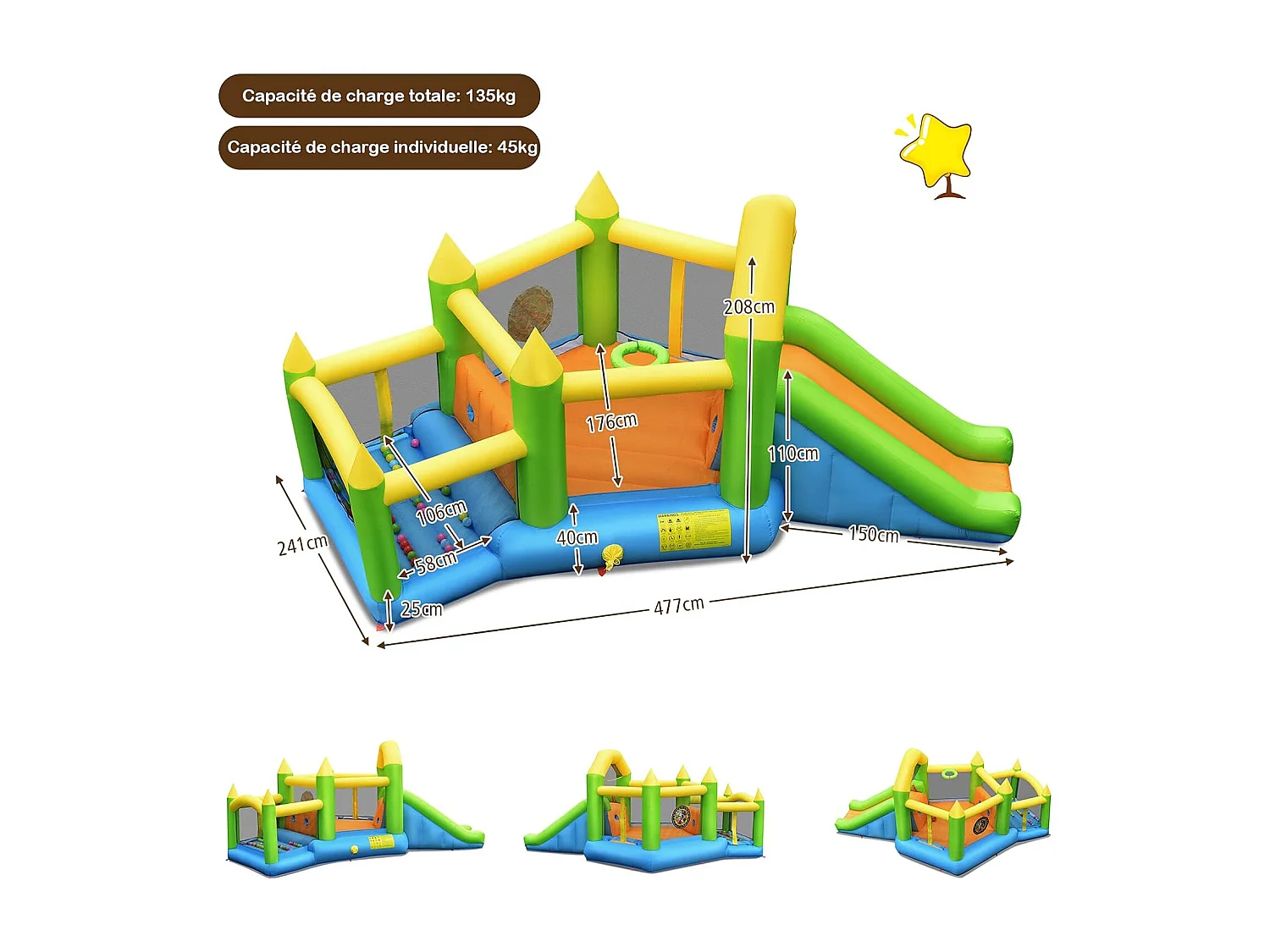 Château gonflable en forme de pentagone avec toboggan, pour 3 enfants de 3-10 ans（sans souffleur)
