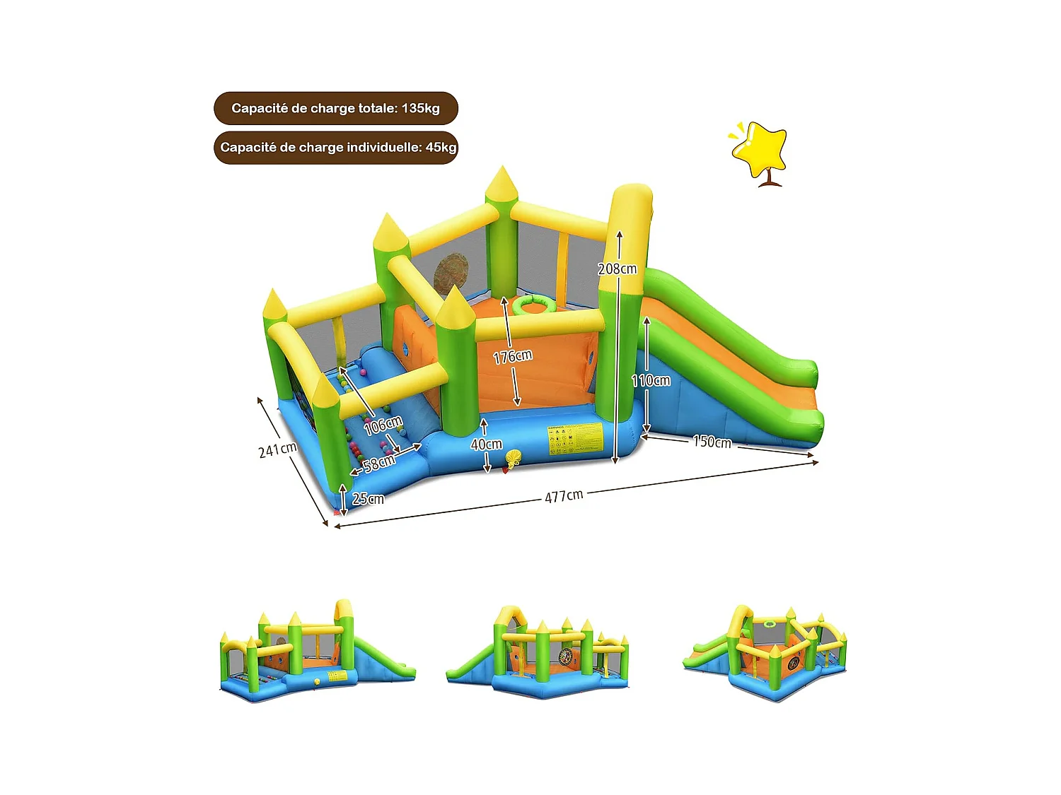 Château gonflable en forme de pentagone avec toboggan, pour 3 enfants de 3-10 ans(sans souffleur)