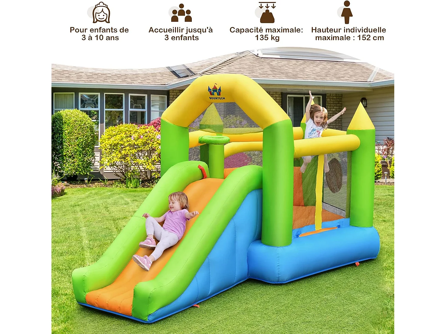 Château gonflable en forme de pentagone avec toboggan, pour 3 enfants de 3-10 ans（sans souffleur)