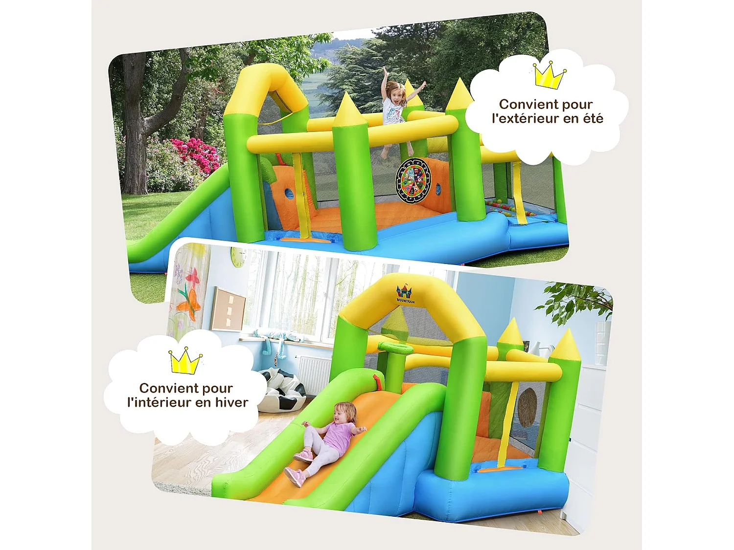 Château gonflable en forme de pentagone avec toboggan, pour 3 enfants de 3-10 ans（sans souffleur)