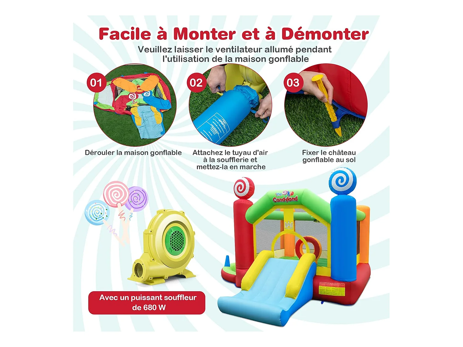 Château Gonflable avec Souffleur 680W, Maison de Saut Géante Intérieure Extérieure avec Toboggan
