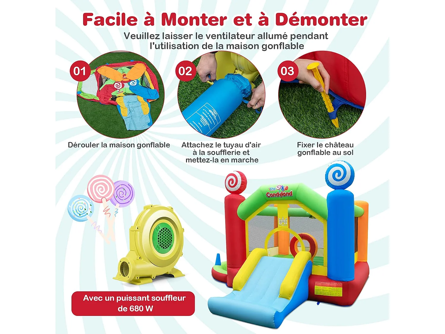 Château Gonflable avec Souffleur 680W, Maison de Saut Géante Intérieure Extérieure avec Toboggan