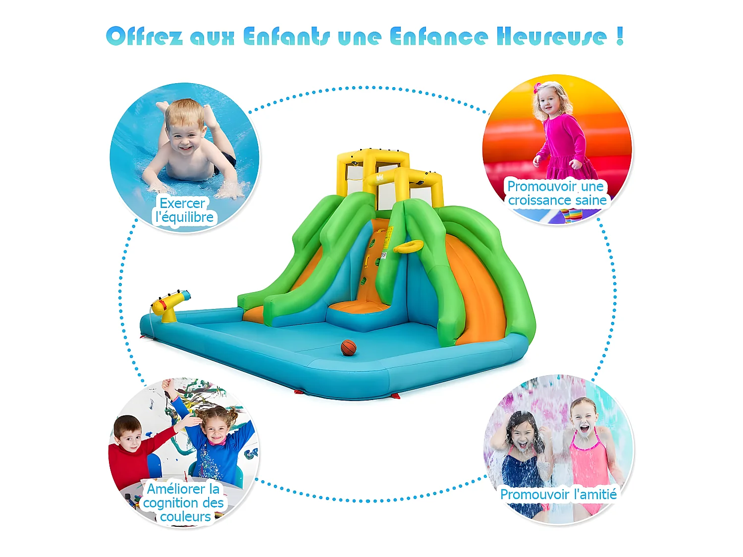 5 en 1 Château Gonflable Enfants avec Toboggan Double