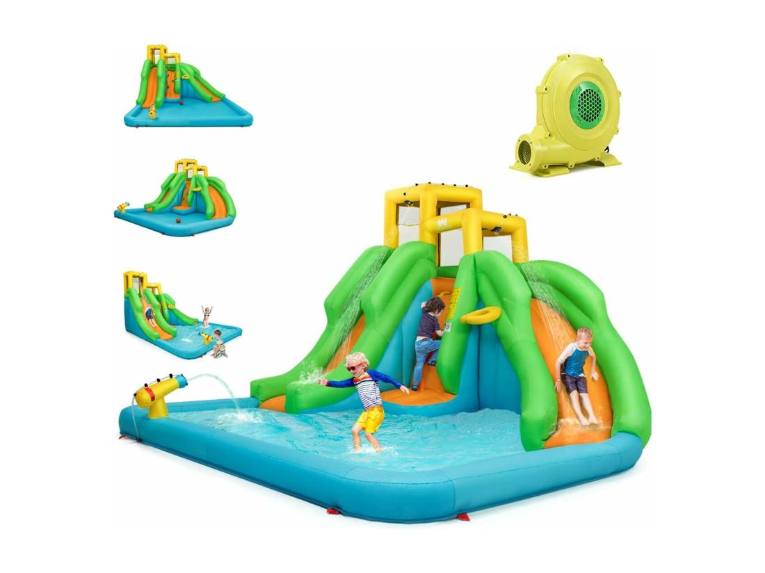 vente unique 5 en 1 Château Gonflable Enfants avec Toboggan Double Parc Aquatique Gonflable avec Mur d'Escalade Panier Piscine Canon à Eau Charge 159kg pour 3 Enfants de 3-10 Ans (avec souffleur 680W)