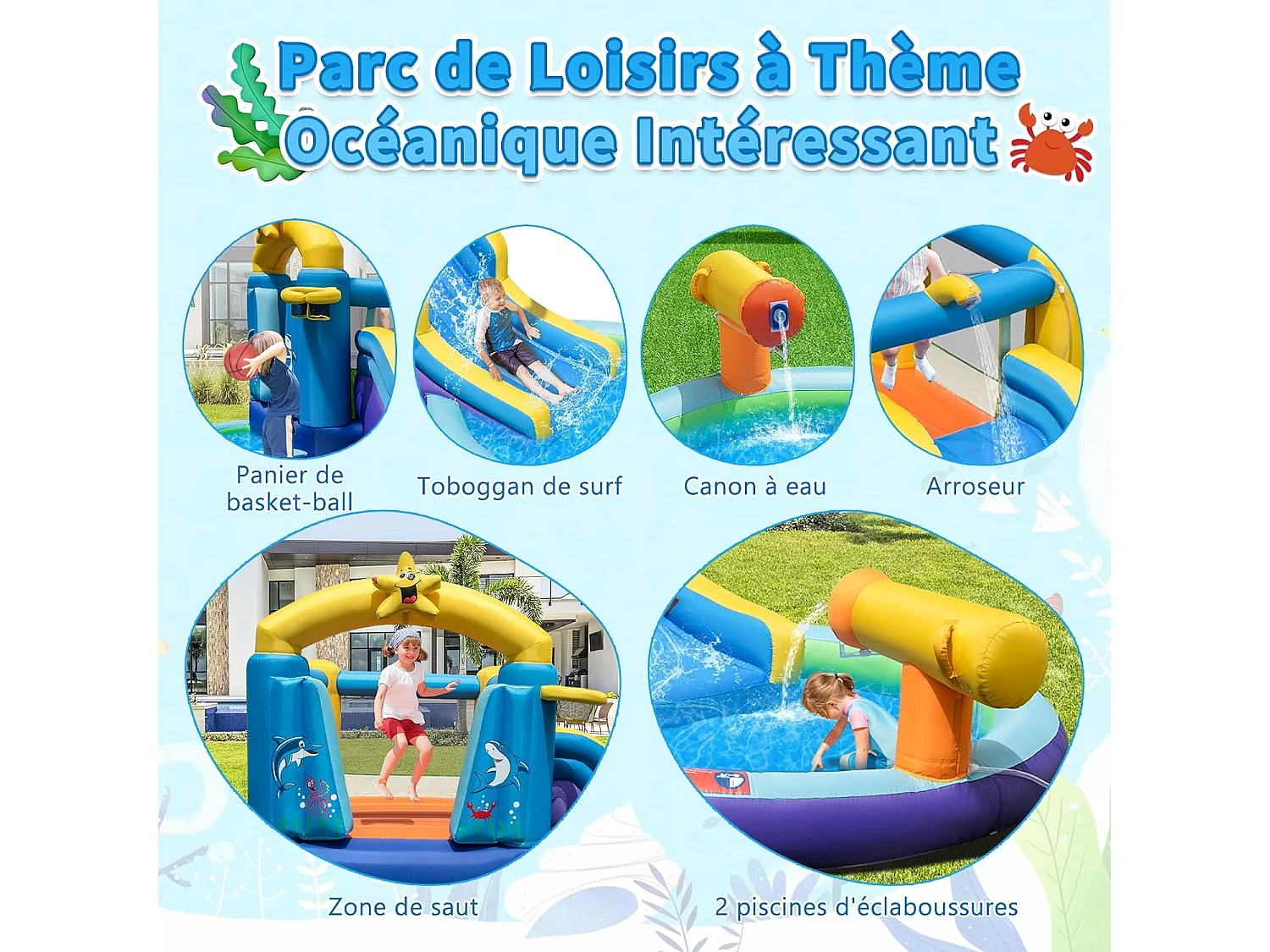 Château Gonflable Océan 6 en 1 avec Toboggan Aquatique & 2 Piscines