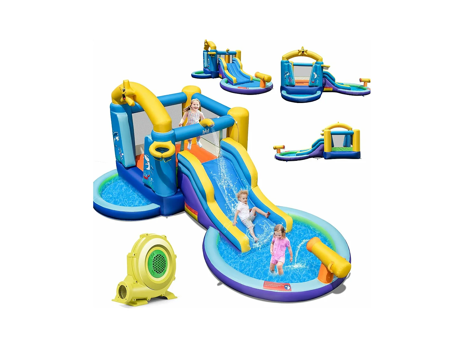 Château Gonflable Océan 6 en 1 avec Toboggan Aquatique & 2 Piscines
