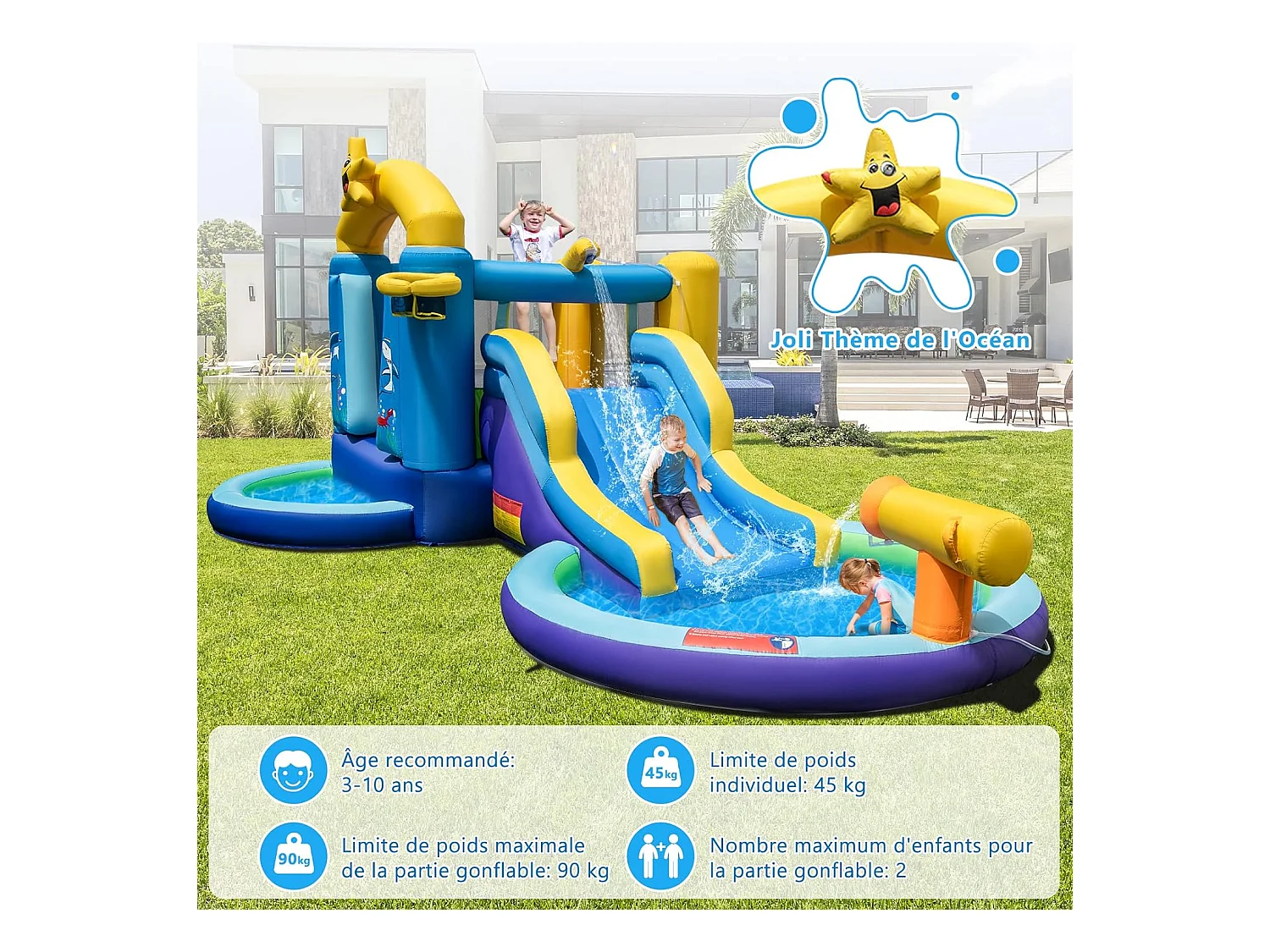Château Gonflable Océan 6 en 1 avec Toboggan Aquatique & 2 Piscines