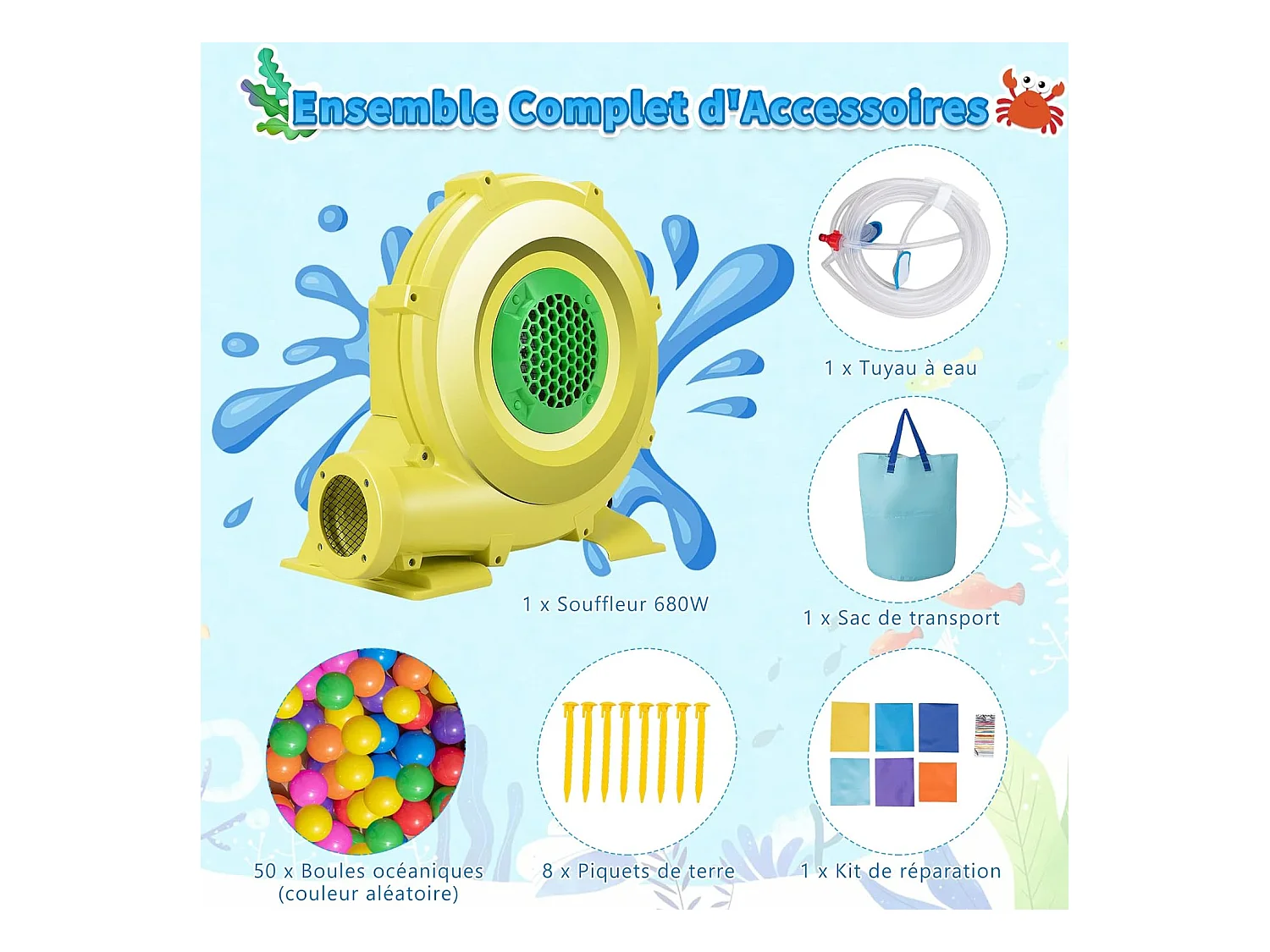 Château Gonflable Océan 6 en 1 avec Toboggan Aquatique & 2 Piscines