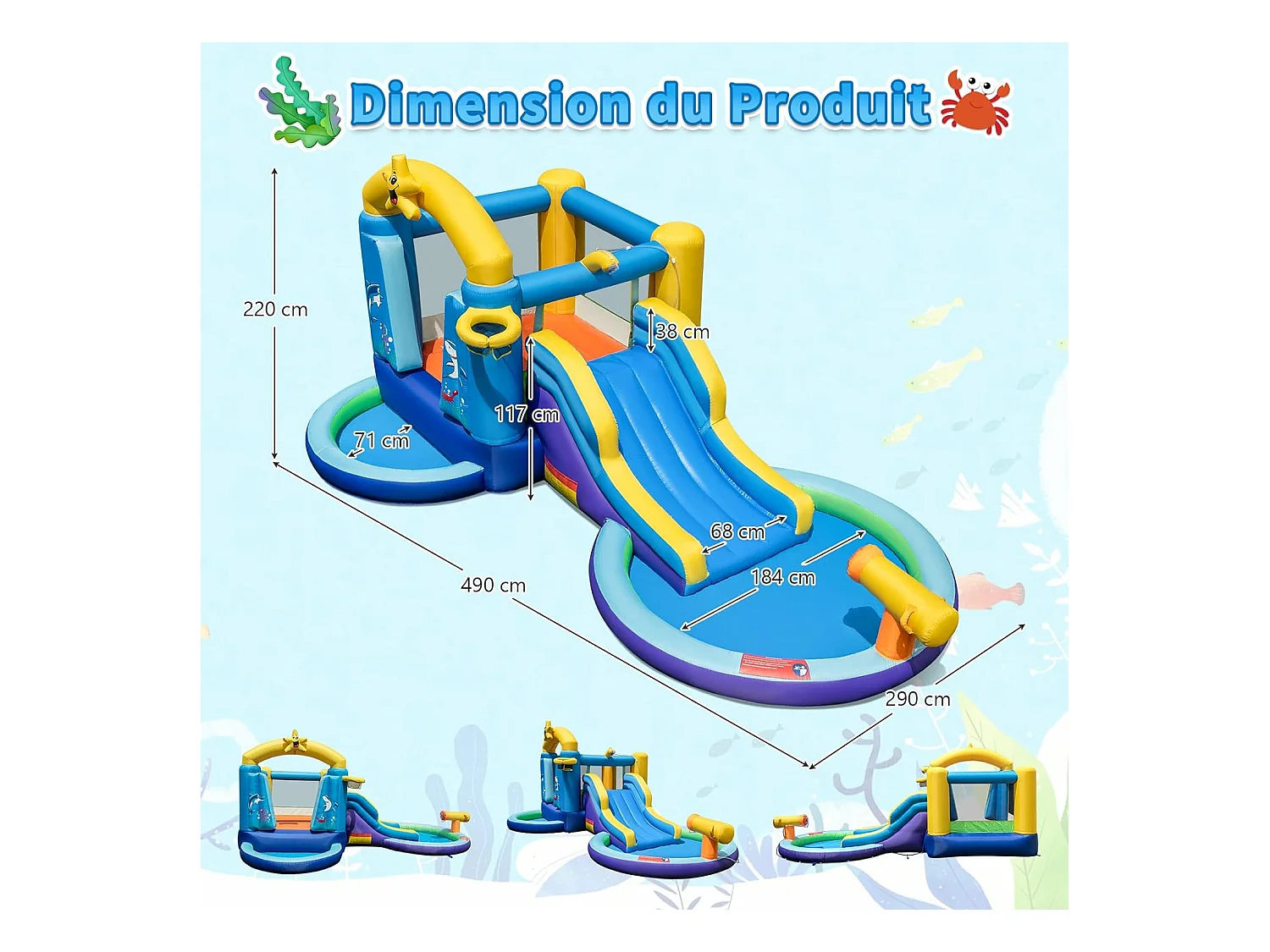 Château Gonflable Océan 6 en 1 avec Toboggan Aquatique & 2 Piscines