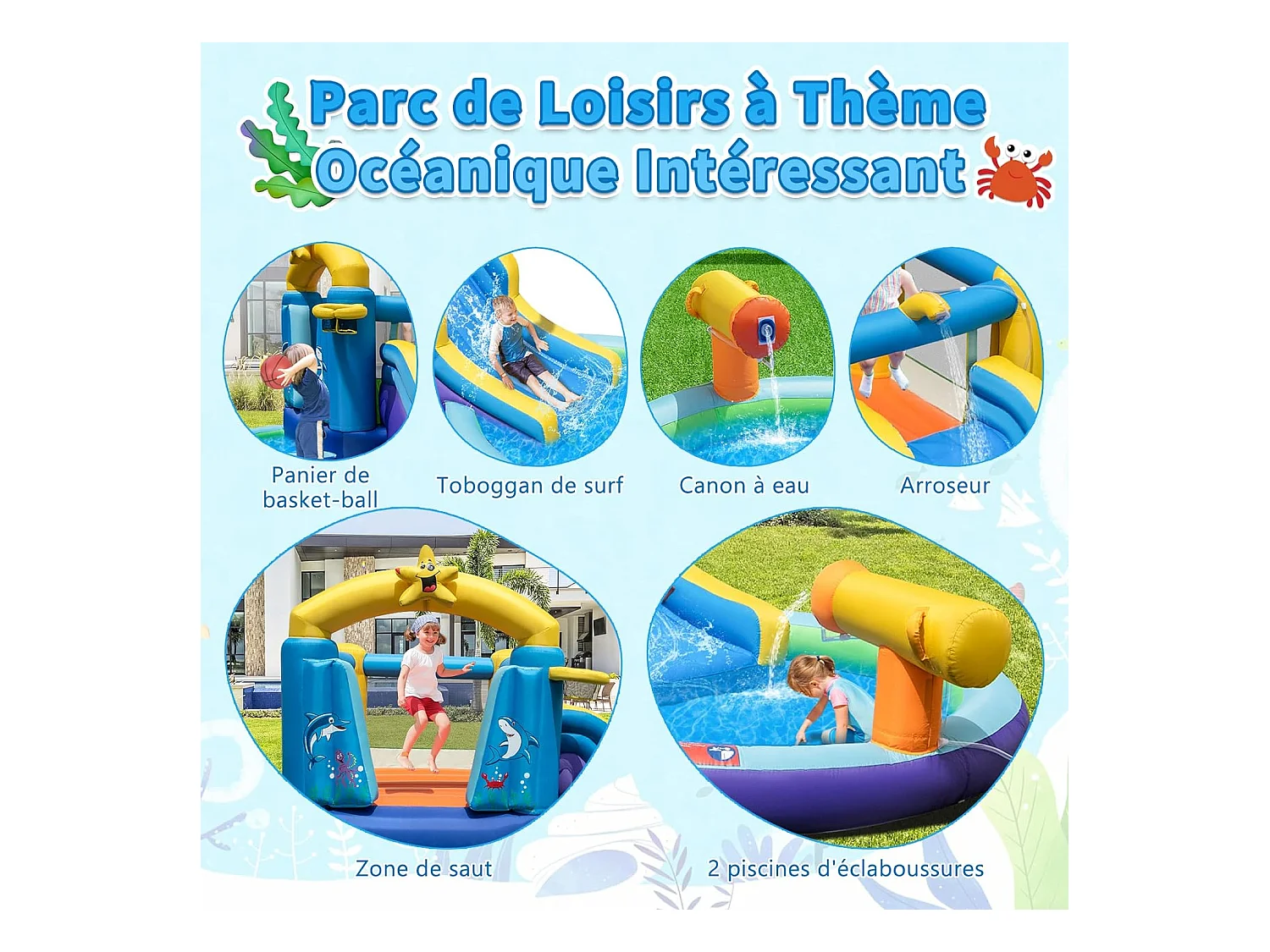 Château Gonflable Océan 6 en 1 avec Toboggan Aquatique & 2 Piscines