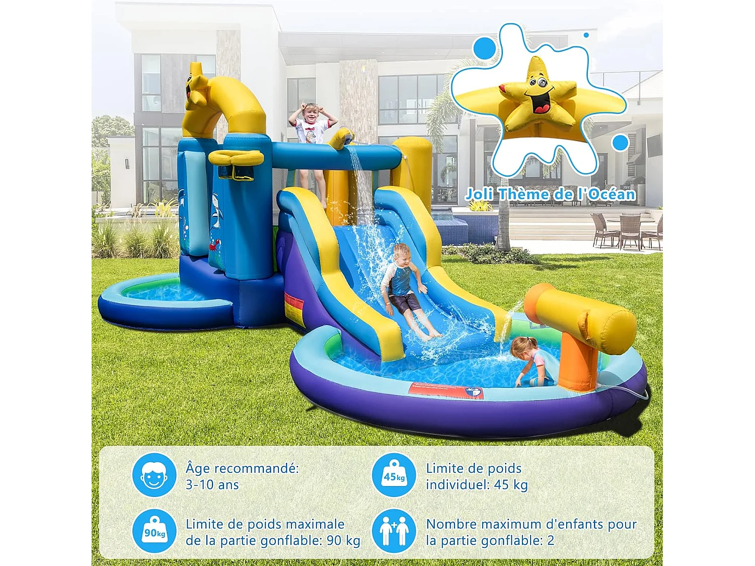Château Gonflable Océan 6 en 1 avec Toboggan Aquatique & 2 Piscines