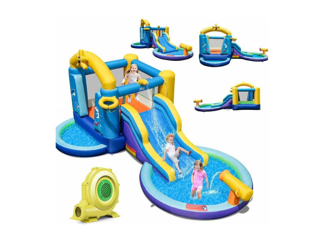 Château Gonflable Océan 6 en 1 avec Toboggan Aquatique & 2 Piscines, Maison de Rebond Gonflable avec Souffleur 680W, Canon à Eau, Zone de Saut, Charge 90kg pour 2 Enfants de 3-10 Ans