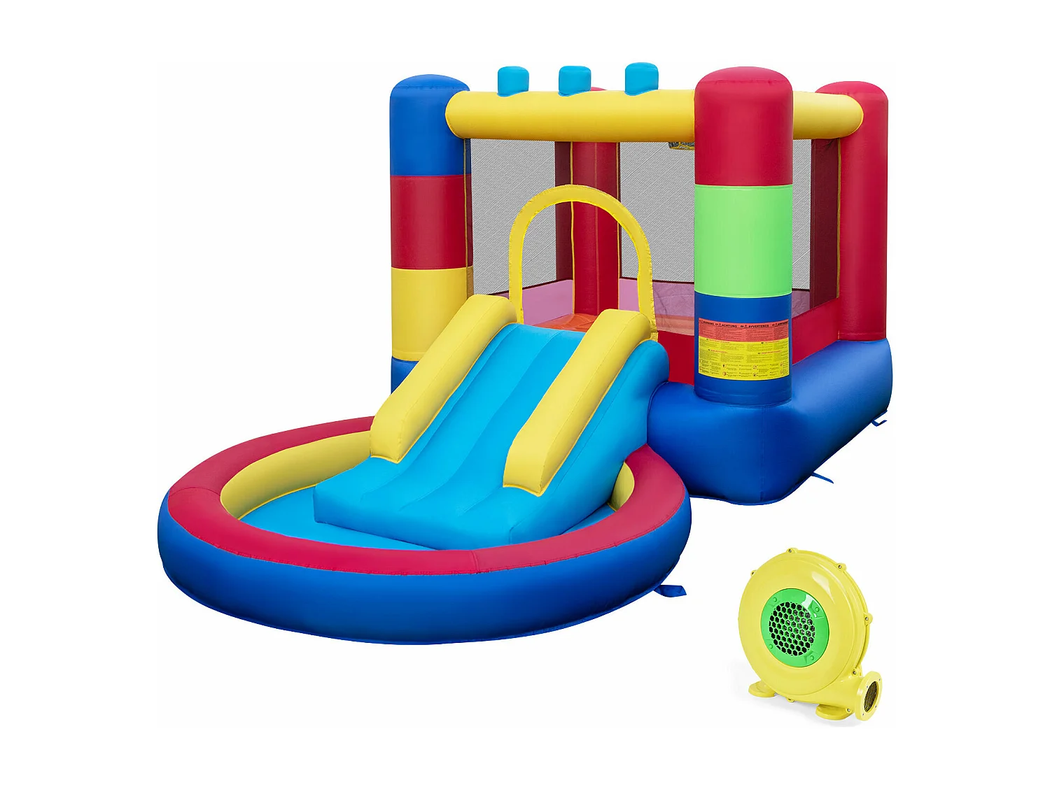COSTWAY 5 en 1 Château Gonflable Musical avec Toboggan & Maison de Saut, Aire de Jeux Gonflable avec Piscine & Panier de Basket & Boxe, Intérieur Extérieur pour 3-12 Ans, Charge 90kg