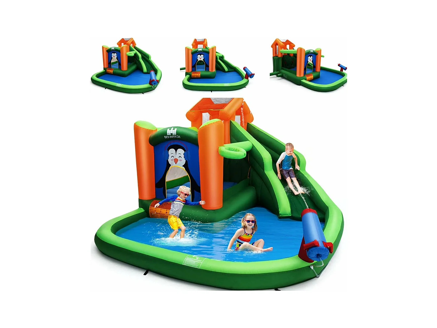 Opblaasbaar kasteel met glijbanen, opblaasbaar speelzwembad met Boisgouin-patroon, waterkanon, basketbalring 3 tot 10 jaar groen zonder ventilator 680W