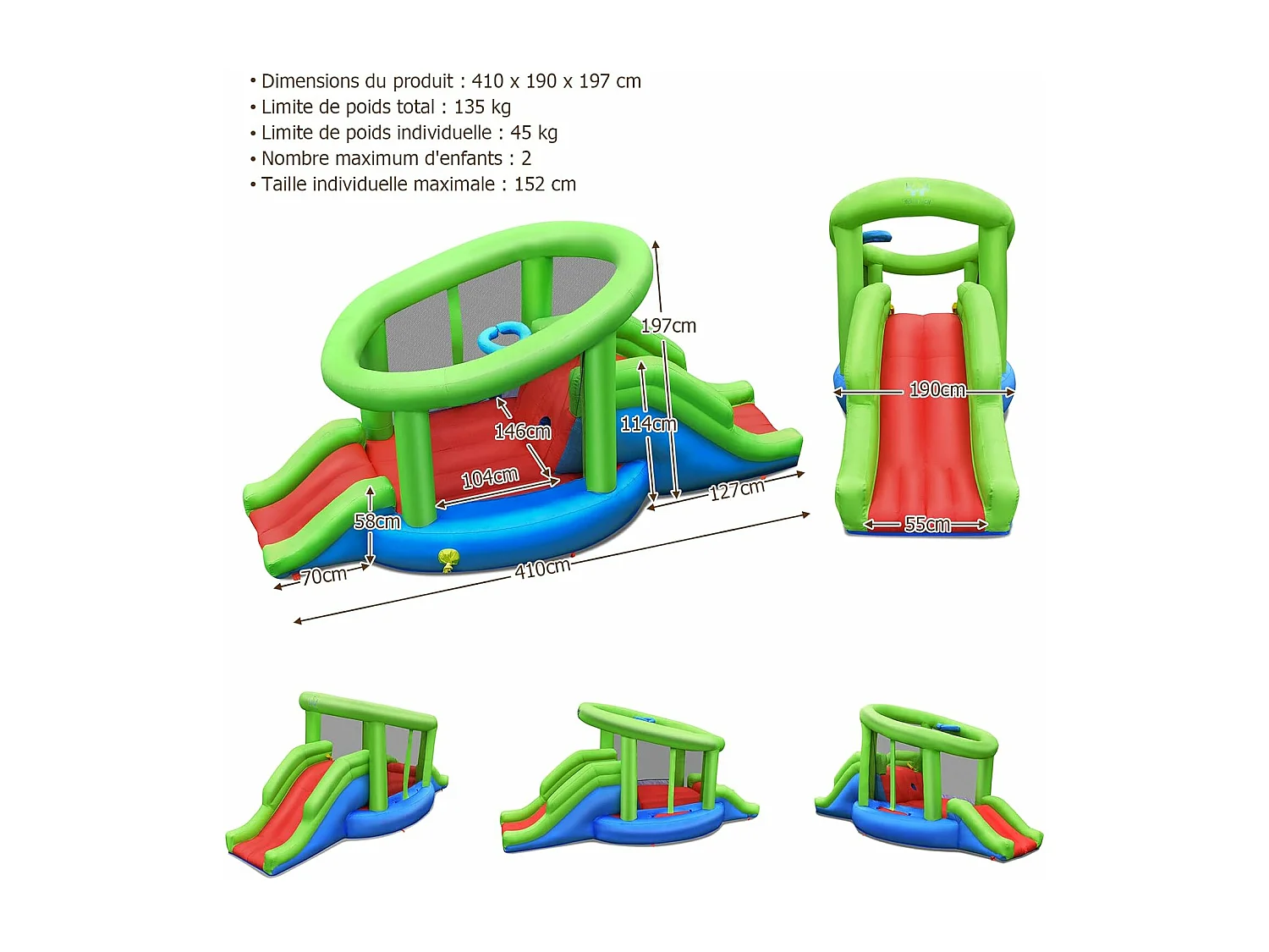 Château gonflable en forme de Escargot avec 2 toboggan, pour 2 enfants de 3-10 ans (avec souffleur 450W)