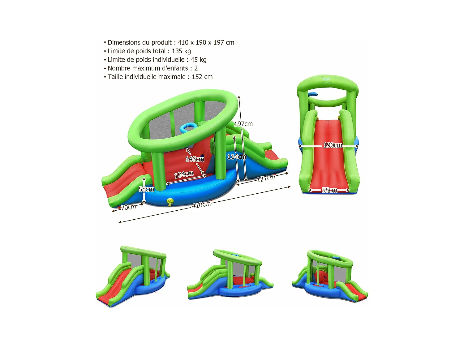 Château gonflable en forme de Escargot avec 2 toboggan, pour 2 enfants de 3-10 ans (avec souffleur 450W)