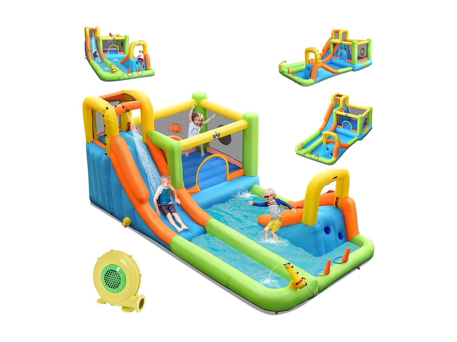 Château gonflable 8 en 1 avec 2 toboggan, pour 3 enfants de 3-10 ans (avec souffleur 680W)