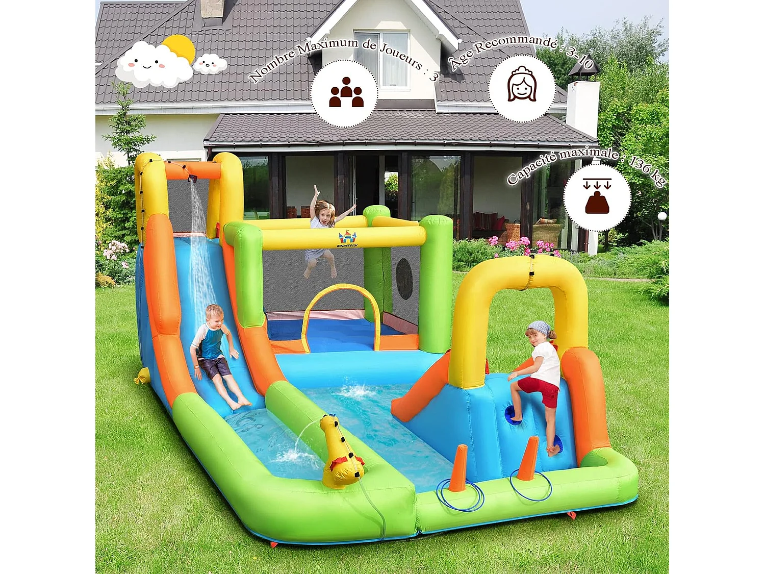Château gonflable 8 en 1 avec 2 toboggan, pour 3 enfants de 3-10 ans (avec souffleur 680W)