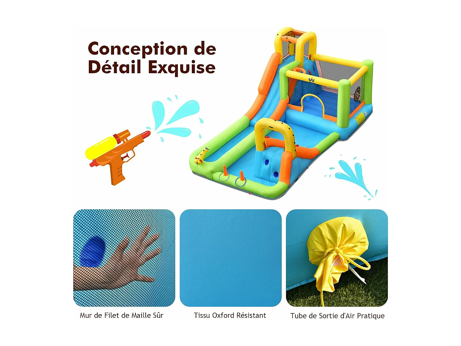 Château gonflable 8 en 1 avec 2 toboggan, pour 3 enfants de 3-10 ans (avec souffleur 680W)