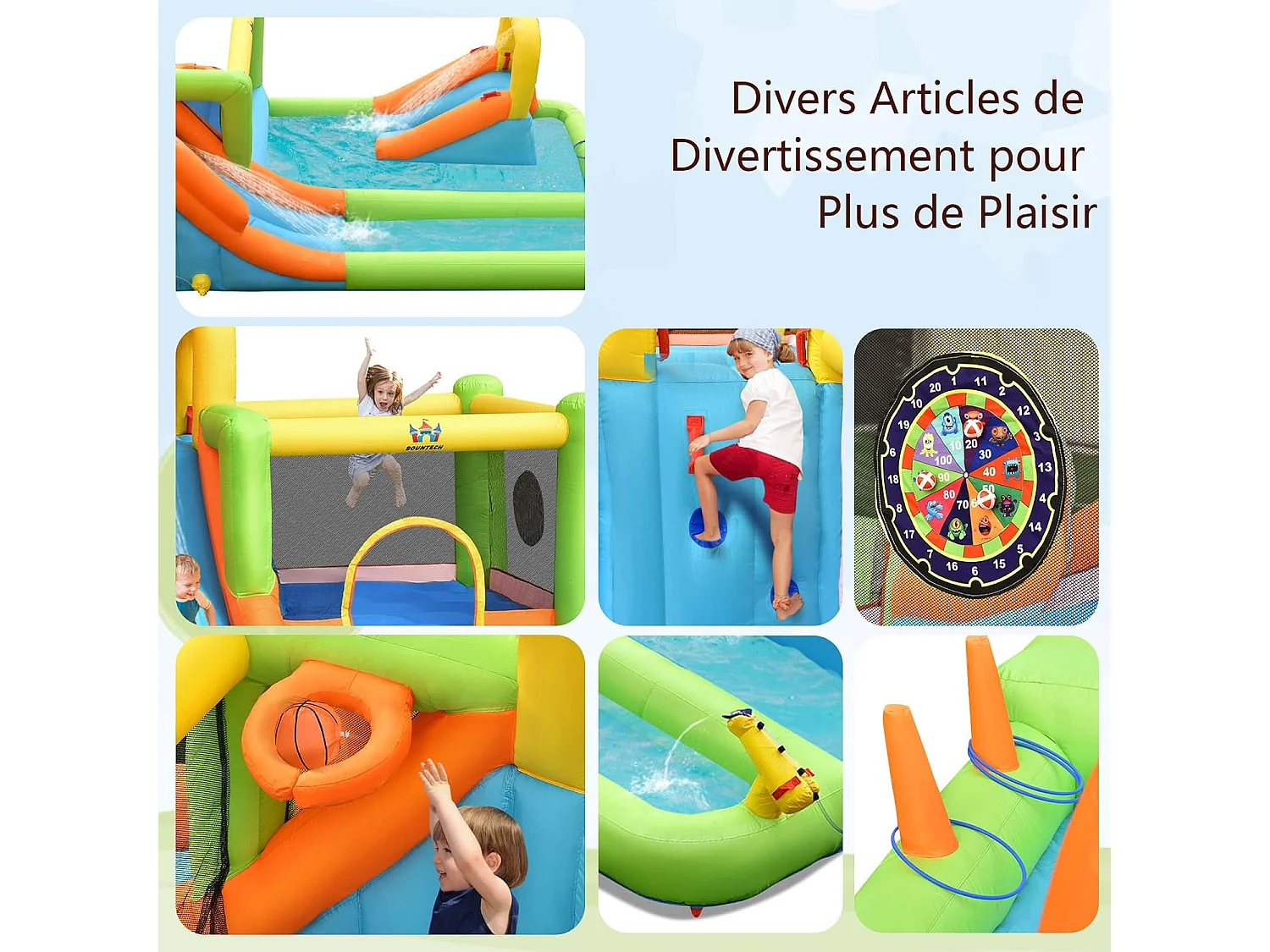 Château gonflable 8 en 1 avec 2 toboggan, pour 3 enfants de 3-10 ans (avec souffleur 680W)