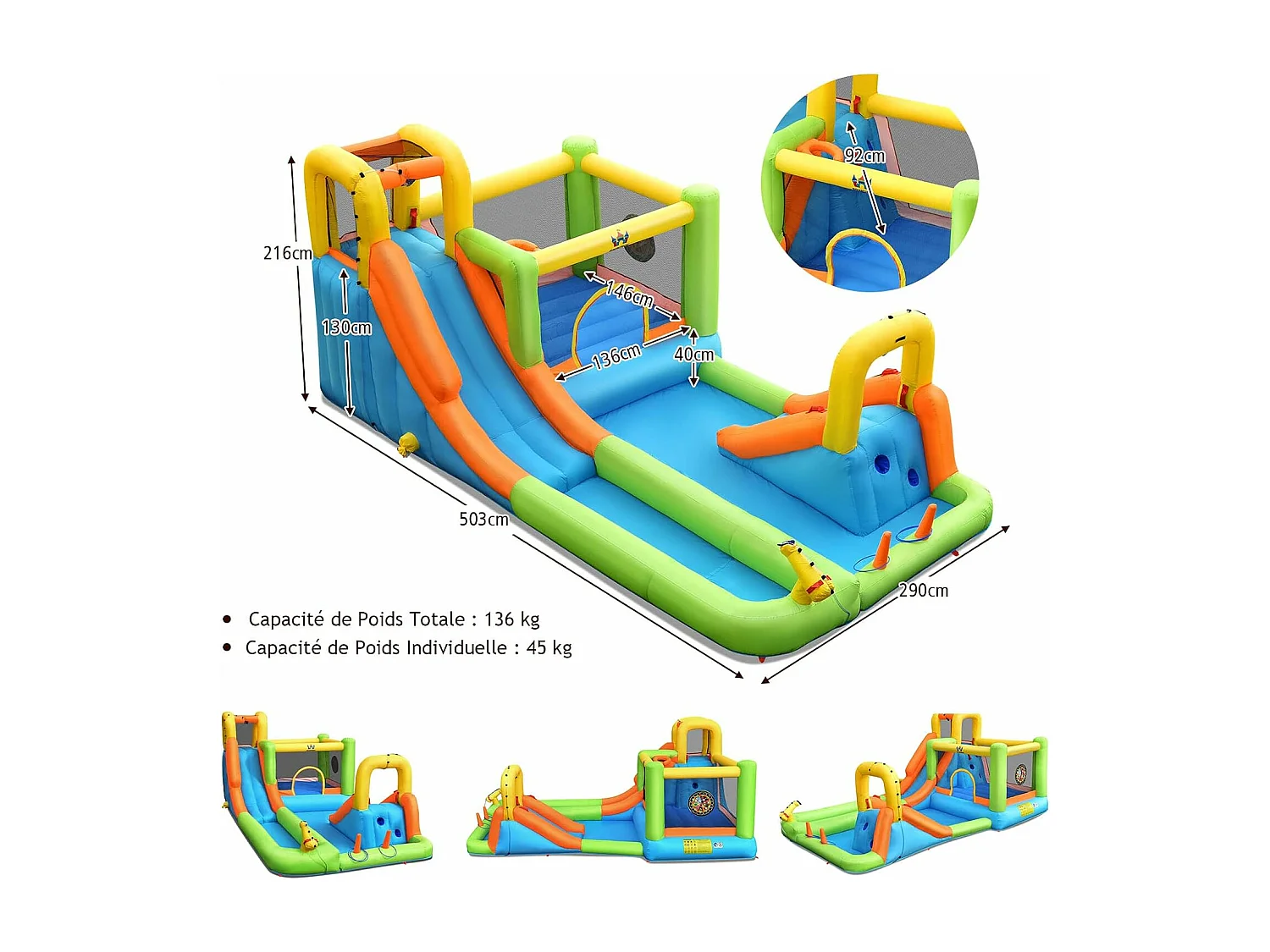 Château gonflable 8 en 1 avec 2 toboggan, pour 3 enfants de 3-10 ans (Sans souffleur)