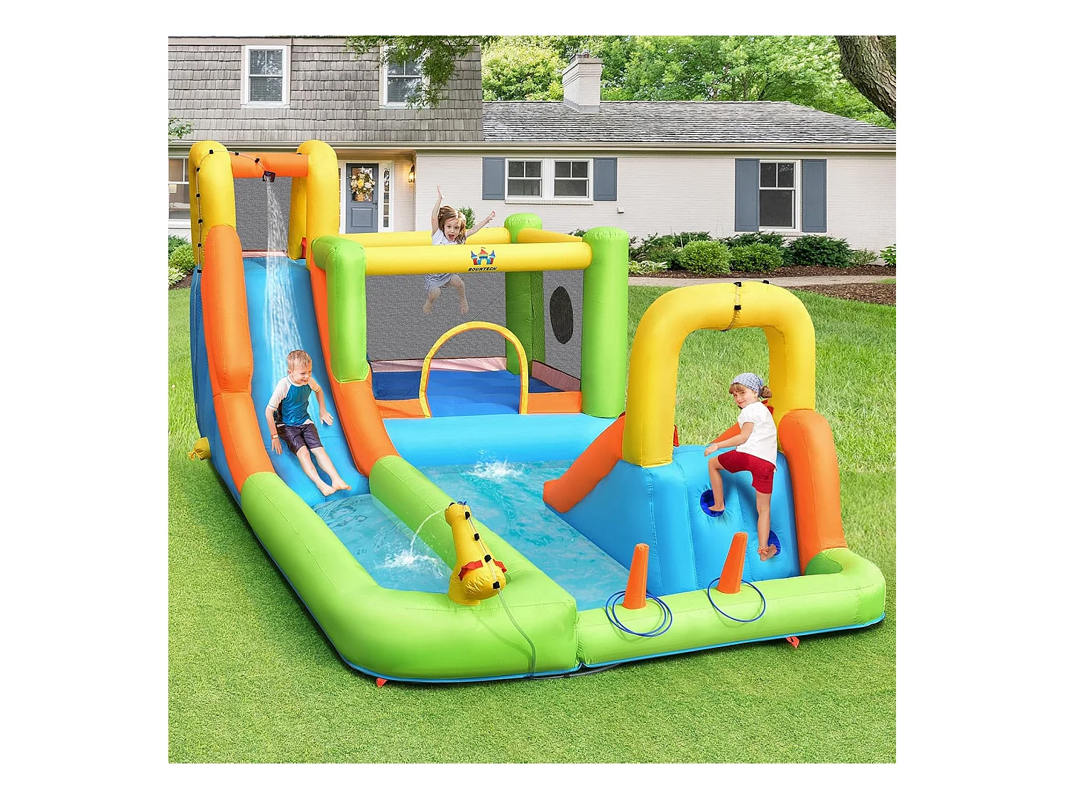 Château gonflable 8 en 1 avec 2 toboggan, pour 3 enfants de 3-10 ans (Sans souffleur)